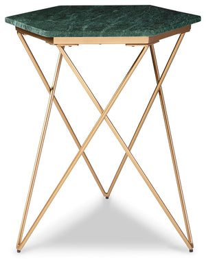 This accent table redefines classic glamour for the modern age. It draws from art deco influences with its geometric goldtone base, while the green marble top will be the envy of every guest. Thereâ€™s no place quite like home, and this table crafts a con