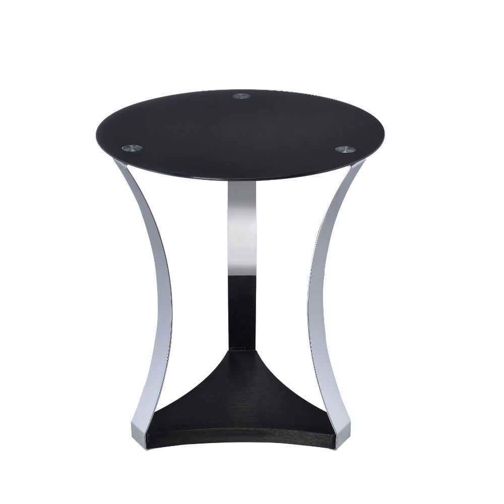 The Geiger coffee table expresses modern design and simplicity while still being functional and a conversation table. It features soft curved metal legs supporting a black glass top and a reverse cut base. The bottom wooden shelf gives you additional spac