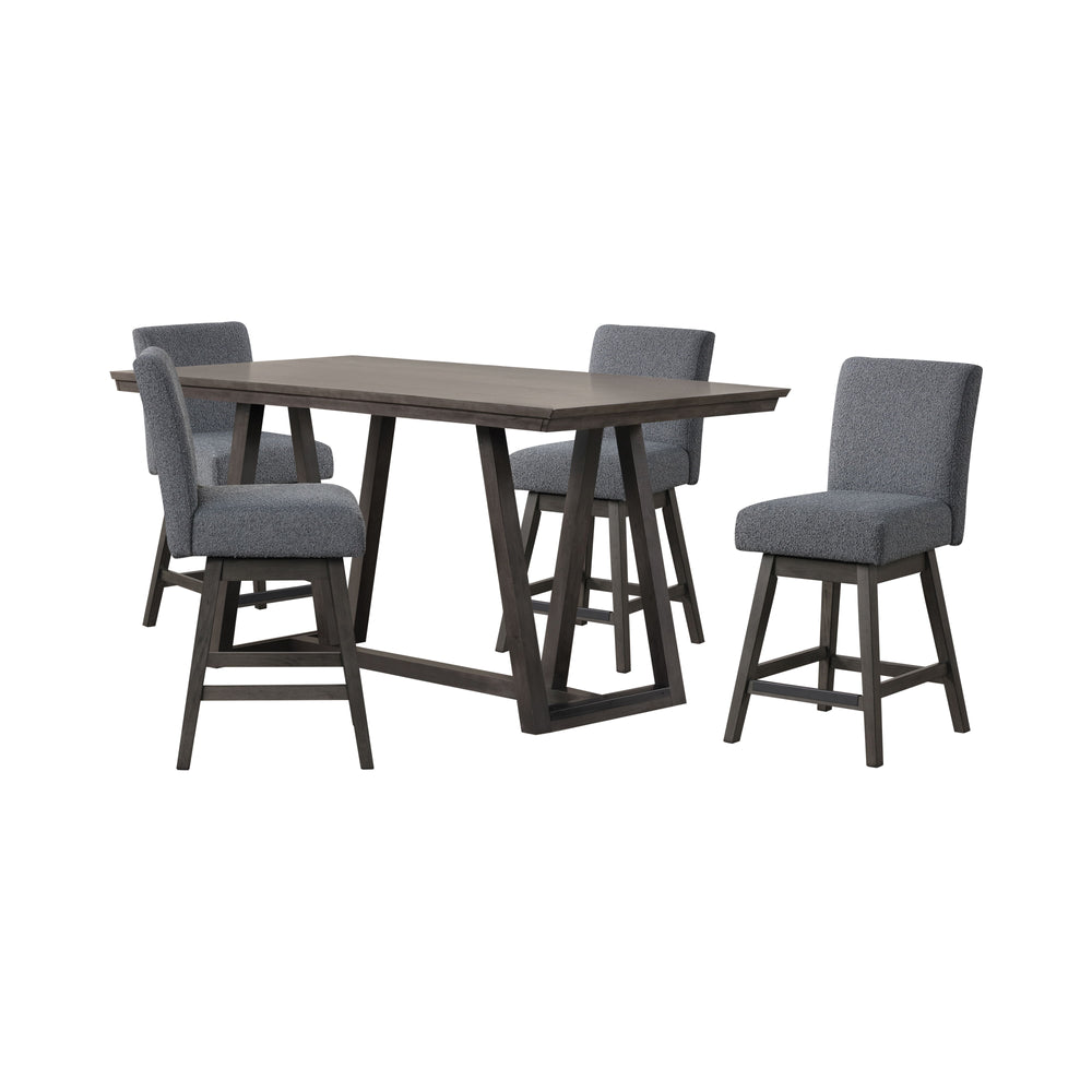 The High Line 5 Piece Counter Dining Set with Swivel Stools combines style, durability, and comfort for your dining area. This set includes a counter-height trestle table and four gray swivel counter chairs, providing functionality and modern aesthetics. 
