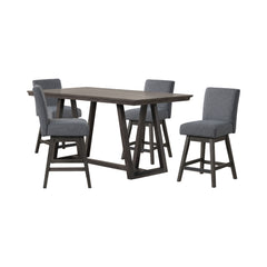 The High Line 5 Piece Counter Dining Set with Swivel Stools combines style, durability, and comfort for your dining area. This set includes a counter-height trestle table and four gray swivel counter chairs, providing functionality and modern aesthetics. 