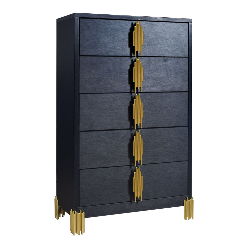 introducing the Empire 5 Drawer Chest in sleek black, a chic storage solution for your bedroom. Crafted with durable eco-friendly materials and a sophisticated finish, this chest exudes contemporary elegance. Its gleaming gold tiered drawer pulls and feet