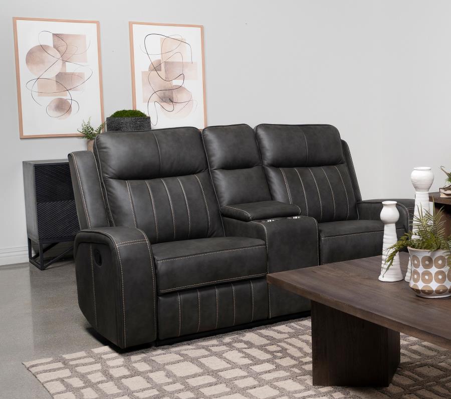 Merging the classic style of both contemporary and transitional design schemes, the motion loveseat creates a dreamy venue for relaxing and entertaining. Choose a pleasing motion loveseat covered in smooth grey leatherette upholstery with vertical topstit