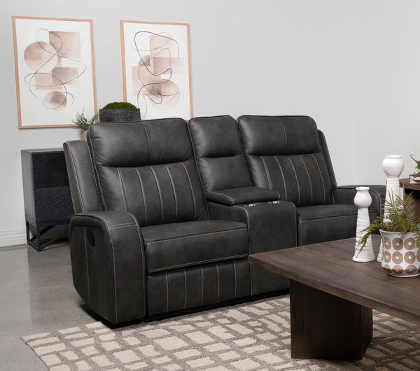  the motion loveseat creates a dreamy venue for relaxing and entertaining. Choose a pleasing motion loveseat covered in smooth grey leatherette upholstery with vertical topstit
