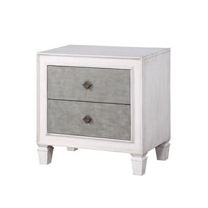 The Katia collection is perfect for creating a modern rustic or farmhouse aesthetic. Merging old and new design features and finishes. The bed features a channel-tufted headboard and footboard in gray linen that pops against the white frame. The case good