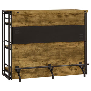 This home bar offers a stylish and functional centerpiece for entertaining guests. Designed with a rustic nutmeg wood-look laminate, it brings a warm, inviting feel to any space. A sturdy dark bronze powder-coated metal frame enhances durability while add