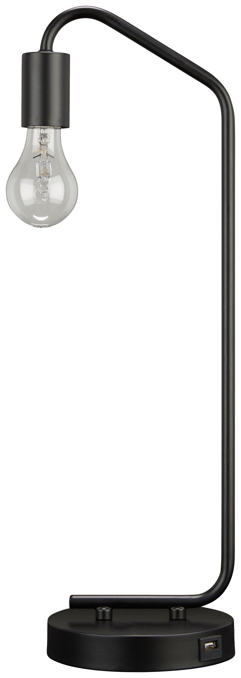 Brilliant in its minimalist form, this desk lamp suspends its exposed bulb in one sleek swoop. Constructed of metal, the compact, lightweight lamp is portable and features a single USB charging port. We see it glowing bedside, on a bookshelf or on either 