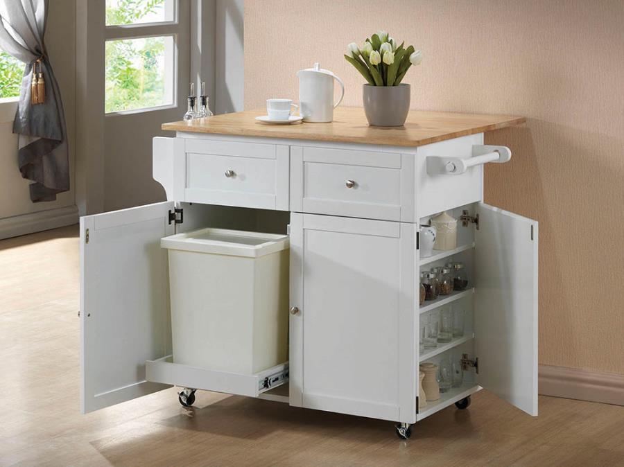 Make your kitchen as functional and fashionable as possible. With a bright modern farmhouse motif, this kitchen cart organizes tasks and storage options into one central unit. Solid rubberwood offers a stylish composition that shows off a butcher block wo