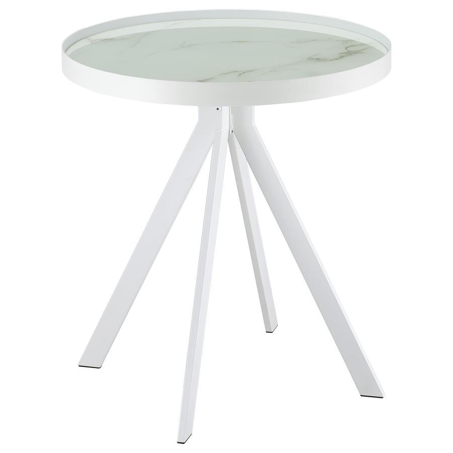 This modern round end table combines durability and elegance with its tempered glass top featuring a marble-patterned print. Supported by a sturdy four-legged metal frame, its minimalist design adds sophistication to any room. Perfect for use as an accent