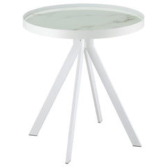 This modern round end table combines durability and elegance with its tempered glass top featuring a marble-patterned print. Supported by a sturdy four-legged metal frame, its minimalist design adds sophistication to any room. Perfect for use as an accent