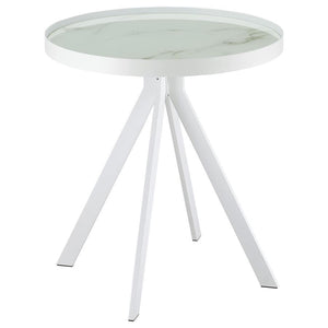 This modern round end table combines durability and elegance with its tempered glass top featuring a marble-patterned print. Supported by a sturdy four-legged metal frame, its minimalist design adds sophistication to any room. Perfect for use as an accent