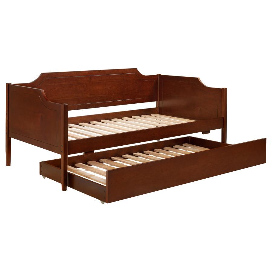 This modern classic-style daybed with trundle merges timeless elegance with practical design. The camelback silhouette and refined panel detailing add sophistication, while its construction from Asian hardwood, plywood, MDF, and cherry veneer ensures dura