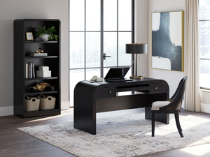 Contemporary lifestyle design. Made with hardwood solids, Ash veneer and MDF substrate. Rich layered black finish on textured wood grain surface. Desk is loaded with features such as 2 small drawers, a pull out keyboard tray, 2 utility bins, a 110V power 