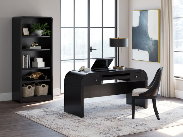 Contemporary lifestyle design. Made with hardwood solids, Ash veneer and MDF substrate. Rich layered black finish on textured wood grain surface. Desk is loaded with features such as 2 small drawers, a pull out keyboard tray, 2 utility bins, a 110V power 