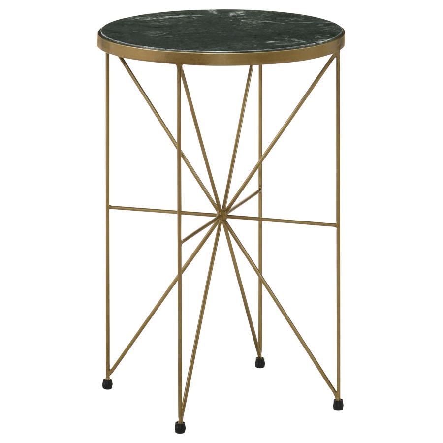 A stunning blend of contemporary elegance and classic sophistication, this round accent table adds a luxurious touch to any space. Featuring a solid green marble tabletop, inset within a warm antique gold-finished metal frame, this piece exudes refined gl