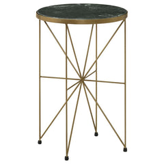 A stunning blend of contemporary elegance and classic sophistication, this round accent table adds a luxurious touch to any space. Featuring a solid green marble tabletop, inset within a warm antique gold-finished metal frame, this piece exudes refined gl