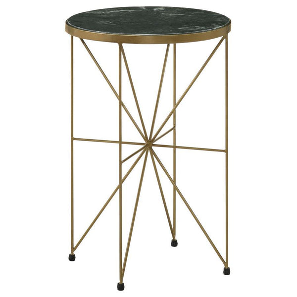 A stunning blend of contemporary elegance and classic sophistication, this round accent table adds a luxurious touch to any space. Featuring a solid green marble tabletop, inset within a warm antique gold-finished metal frame, this piece exudes refined gl