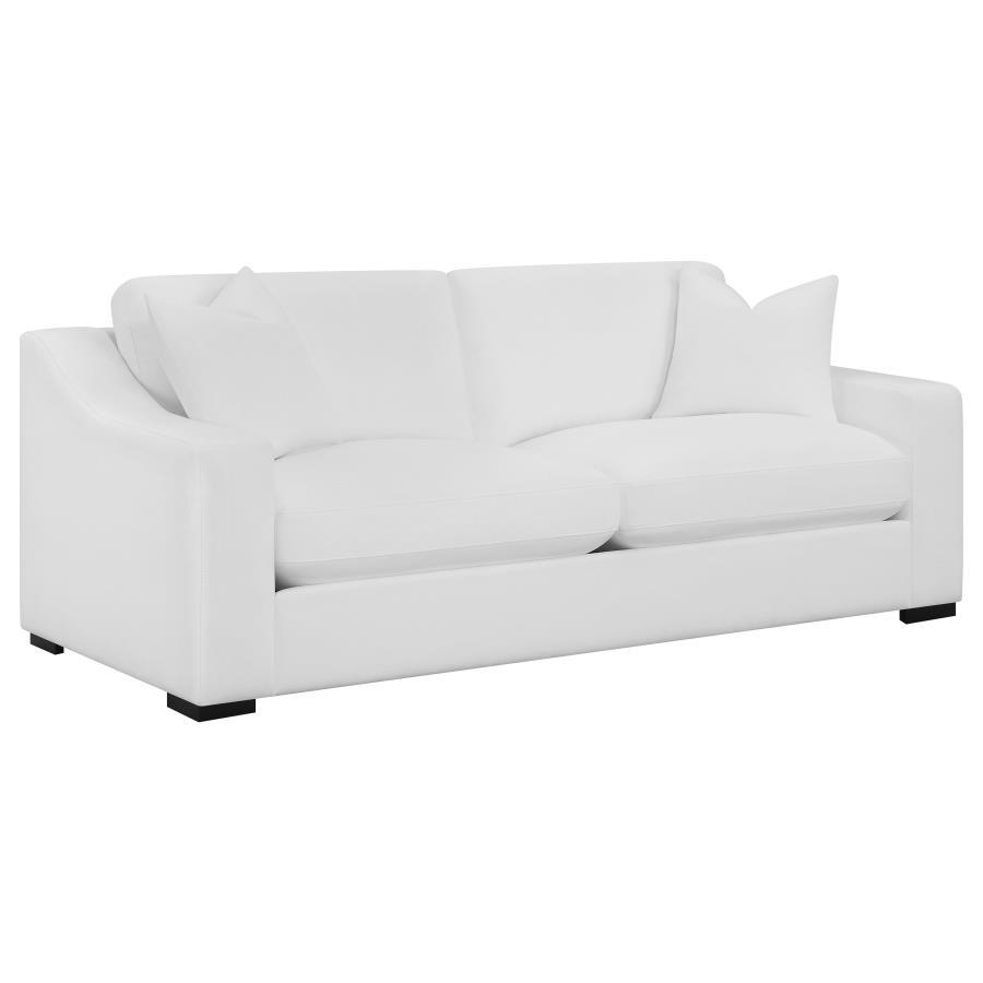 Transform your living room into a clean, contemporary interior with this cheerful, transitional sofa, upholstered in a crisp white trillium polyester blend performance fabric across elegant sloped track armrests and reversible box seat and back cushions w