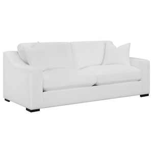 Transform your living room into a clean, contemporary interior with this cheerful, transitional sofa, upholstered in a crisp white trillium polyester blend performance fabric across elegant sloped track armrests and reversible box seat and back cushions w