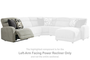 This left-arm facing power recliner is made with polyester upholstery. Pairs with other items in the series to make a sectional.<br><br><b>Additional Dimensions</b><br><ul><li>Distance between recliner and wall: 3-"</li><li>Fully reclined length: 65-"</li