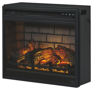 Dorrinson - White / Black / Gray - Corner TV Stand With Faux Firebrick Fireplace Insert