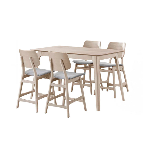 The Oscar Mid-Century Modern Wood 5 Piece Counter Height Dining Set offers a sophisticated blend of style and functionality for your dining area. This set includes a 60-inch counter height table and four counter chairs, all crafted from solid Rubberwood a