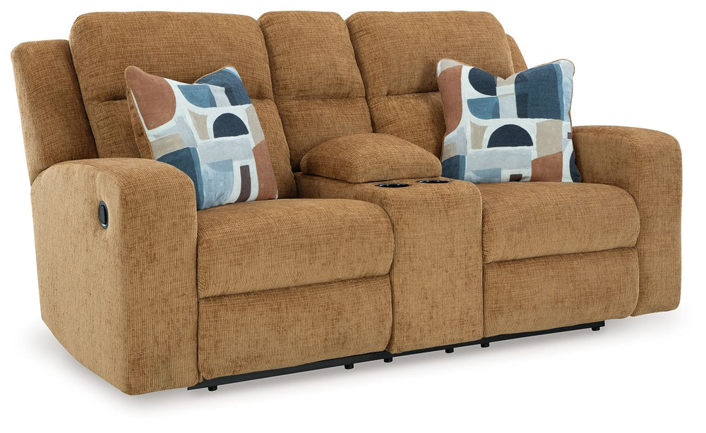 Indulgent comfort meets fashion-forward flair in this reclining loveseat with console. Its luxuriously soft upholstery and captivating color show off your cozy yet smart style. Sleek track arms infuse a modern sensibility, while the striking accent pillow