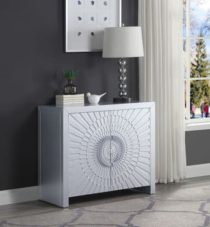 Assembled Rectangular Accent Table w/2 Door Table Top Thickness: 38 mm<br/><br/><b>Product Features</b><ul><li>Assembled</li><li>Storage: 2 Door Cabinet</li><li>Pattern Doors Front</li><li>Magnetic Door Catches</li><li>Case: 1Pc/1Ctn</li><li>Finish: Plati