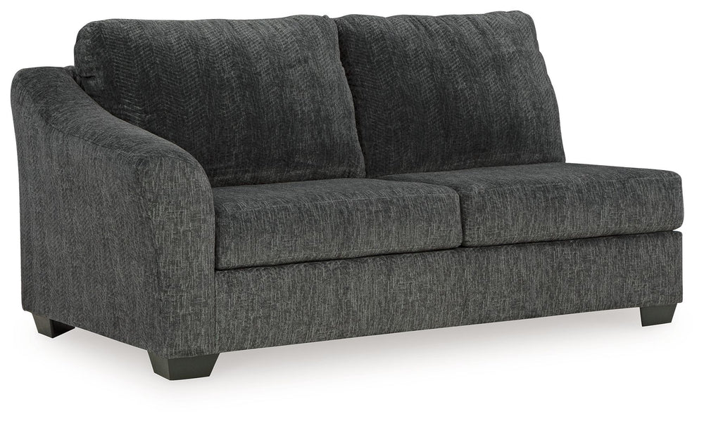 This left-arm facing sofa is made with polyester upholstery. Pairs with other items in the series to make a sectional, sold separately.<br><br><b>Additional Dimensions</b><br><ul><li>Seat depth: 32-"</li><li>Seat height: 20-"</li><li>Top of cushion to top