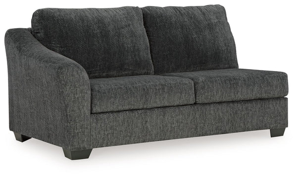 This left-arm facing sofa is made with polyester upholstery. Pairs with other items in the series to make a sectional, sold separately.<br><br><b>Additional Dimensions</b><br><ul><li>Seat depth: 32-"</li><li>Seat height: 20-"</li><li>Top of cushion to top