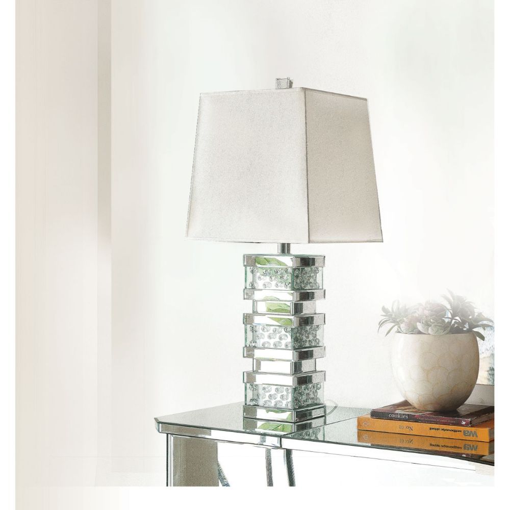 KD, Table Lamp Features: Mirrored Base with Faux Crystals Inlay & Clear Glass Light Bulb Required Type: 60W x 1Pc (NOT Included) [] Square Shade: White Finish, Fabric, Shade Size: 11-" ~ 13-" x 13-"H Mirrored Geometric Base: Beveled Mirror, MDF, Faux Crys