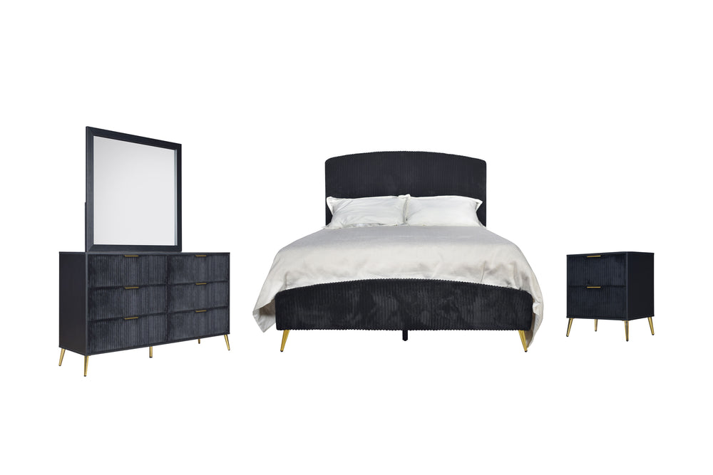 The Kailani 4 Piece Bedroom Set in black combines modern design, luxurious comfort, and eco-friendly construction, making it a stylish and sustainable choice for your bedroom. This set includes an upholstered panel bed, dresser, mirror, and nightstand, al