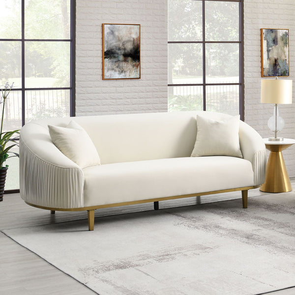 This stunning Martina collection sofa, upholstered in luxurious ivory velvet, exudes elegance and comfort. The plush pillows add an extra layer of coziness, inviting you to sink in and relax. Perfect for any sophisticated living space, this sofa-'s timele