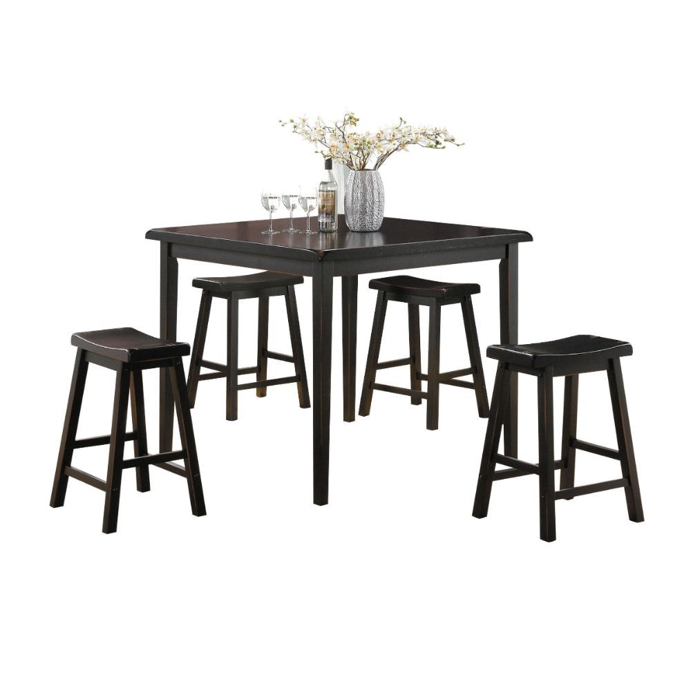 The Gaucho 5Pc Pack Counter Height Dining Set offers simplicity with a versatility perfect for any small dining space. This set boasts an space saving design, square leg table and four matching saddle style stools. The Table features a Solid Wooden Top an