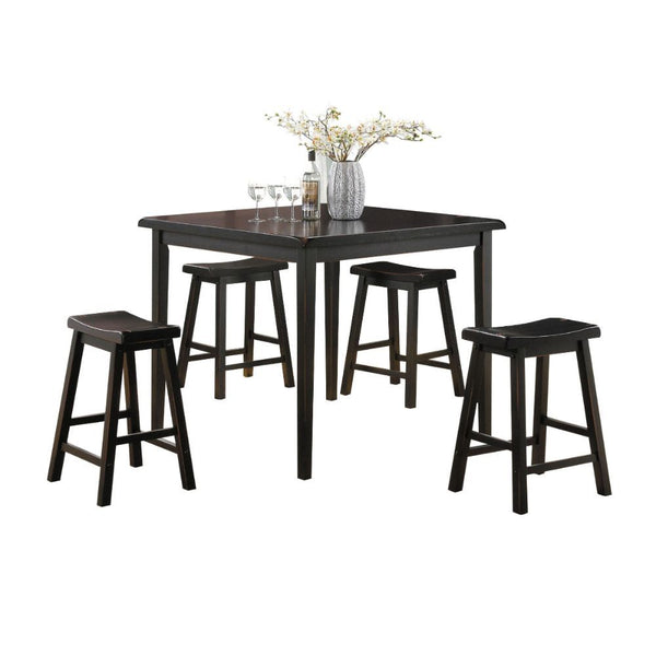 The Gaucho 5Pc Pack Counter Height Dining Set offers simplicity with a versatility perfect for any small dining space. This set boasts an space saving design, square leg table and four matching saddle style stools. The Table features a Solid Wooden Top an