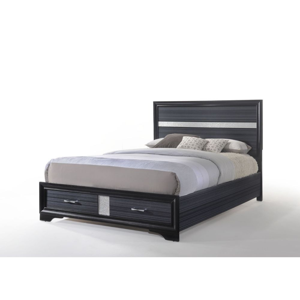 The Naima bedroom collection offers sophisticated look, clean lines and contemporary style. Features panel headboard, and storage footboard in rich black finish with contrasting light gray trim panel, which provides elegant style that will bring you a per