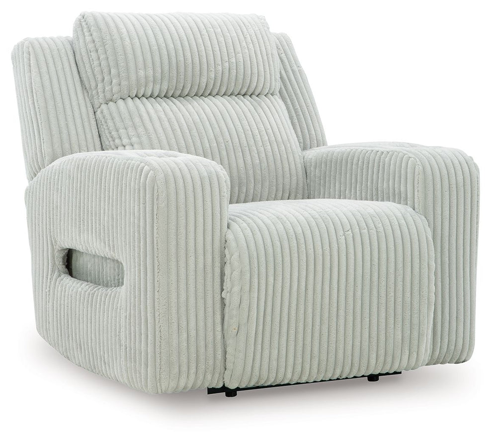 Trend-right style, meet irresistible modern function. Your living room gets a cozy-cool upgrade with this power recliner. Curl up in its ultra-chic corded upholstery and recline with one-touch controls. Is it movie night or game time? With ambient LED lig