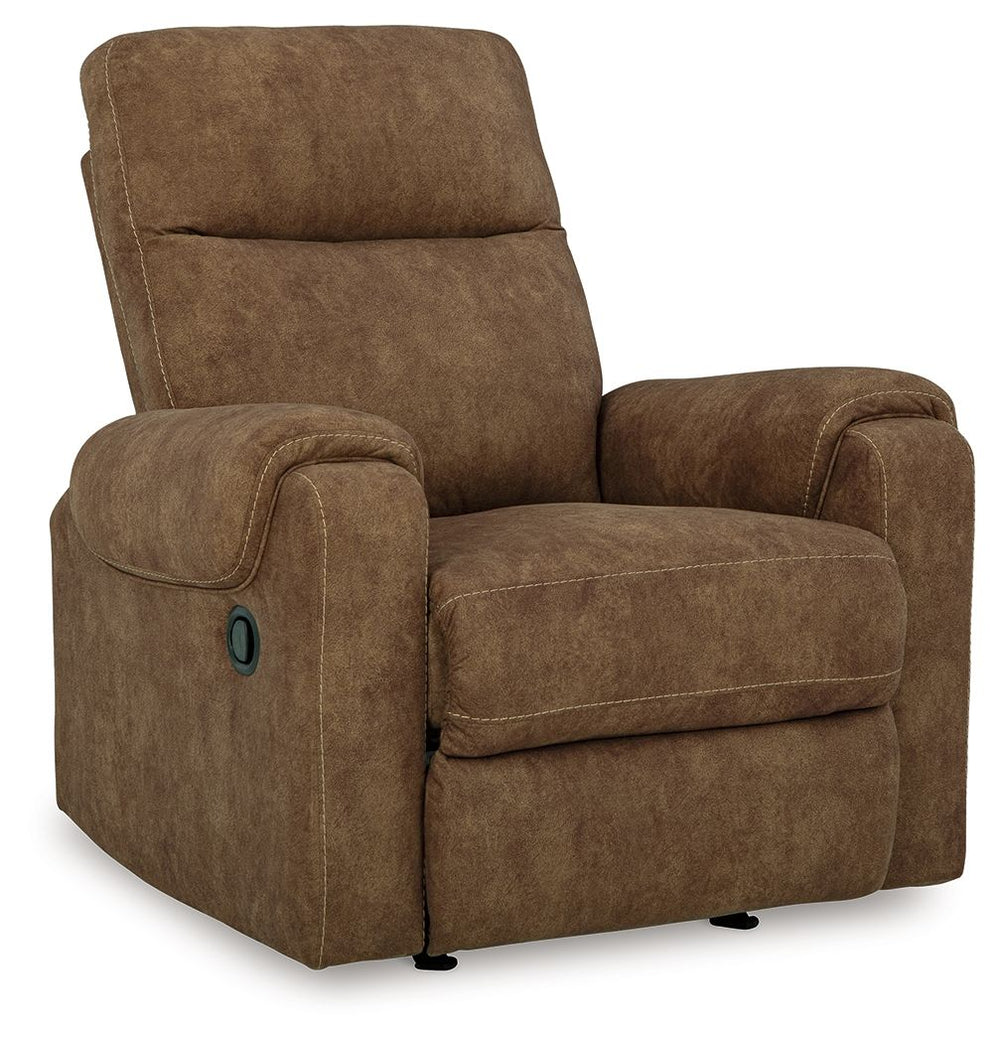 This rocker recliner is your best shot for comfort and total relaxation. Its super soft faux leather, contemporary bustle back and contrast stitching team up for a big win with most any color scheme and room decor. With the pull tab reclining motion, you 