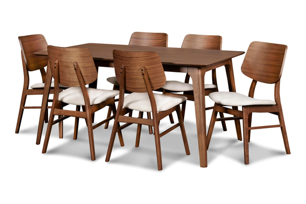 The Oscar Mid-Century Modern Wood 5 Piece Dining Set embodies the essence of mid-century modern design, characterized by clean lines, organic curves, and a focus on functionality. The sleek, minimalist design of the 60-inch dining table and accompanying 6