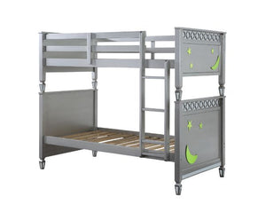 Nothing is more magical than sleeping under the stars. You can bring that magic into your child-'s bedroom with the Powell twin over twin bunk bed. In a glimmering silver finish and the featured stars and moon design on the headboard and footboard create 