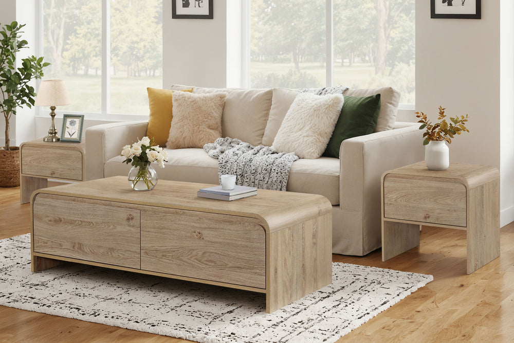 The Mara 3-Piece Occasional Set offers a stylish and functional addition to any living space, featuring one coffee table and two end tables. Crafted from eco-friendly manufactured wood and covered in a durable, decorative laminate, these tables are both s