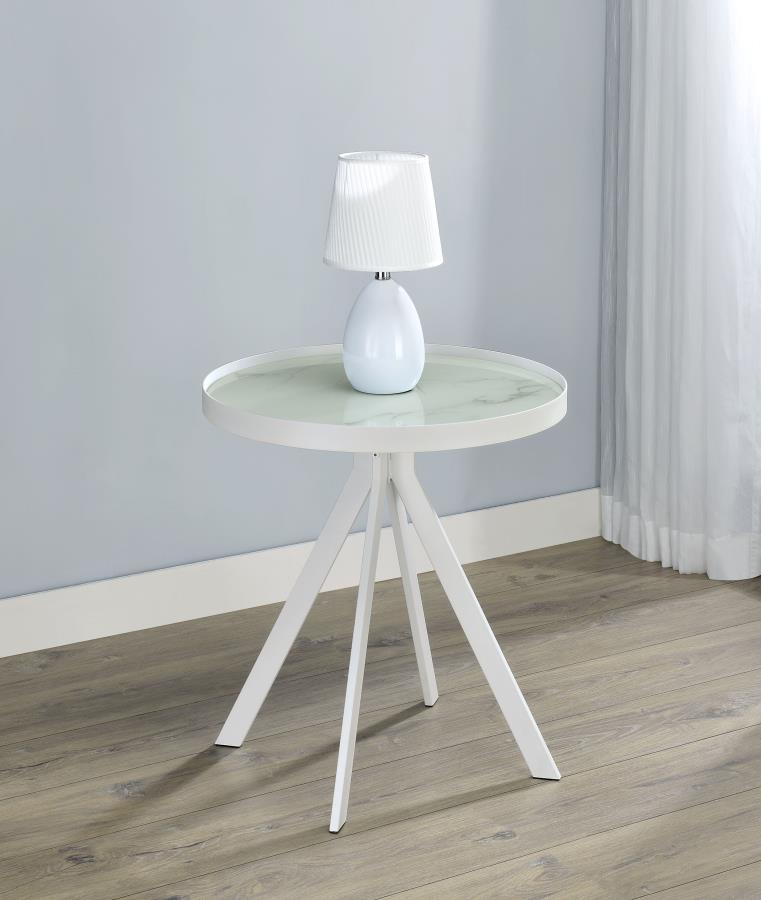 This modern round end table combines durability and elegance with its tempered glass top featuring a marble-patterned print. Supported by a sturdy four-legged metal frame, its minimalist design adds sophistication to any room. Perfect for use as an accent