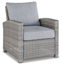 Indulge in backyard bliss. This outdoor lounge chair has a straightforward sense of style with its light gray resin wicker and wood-look finish. Gray high-performance Nuvella+â„¢ fabric covers the cushioned seat and back, weathering the elements and keepi