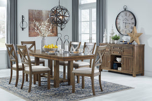 Made with Rubberwood solids and Acacia veneers. Casual rustic design with planked effect on table top. Table extends to fit 8 with two end leaves. Alternate seating available with the cushioned bench. Matching server offers plenty of storage options. Coll