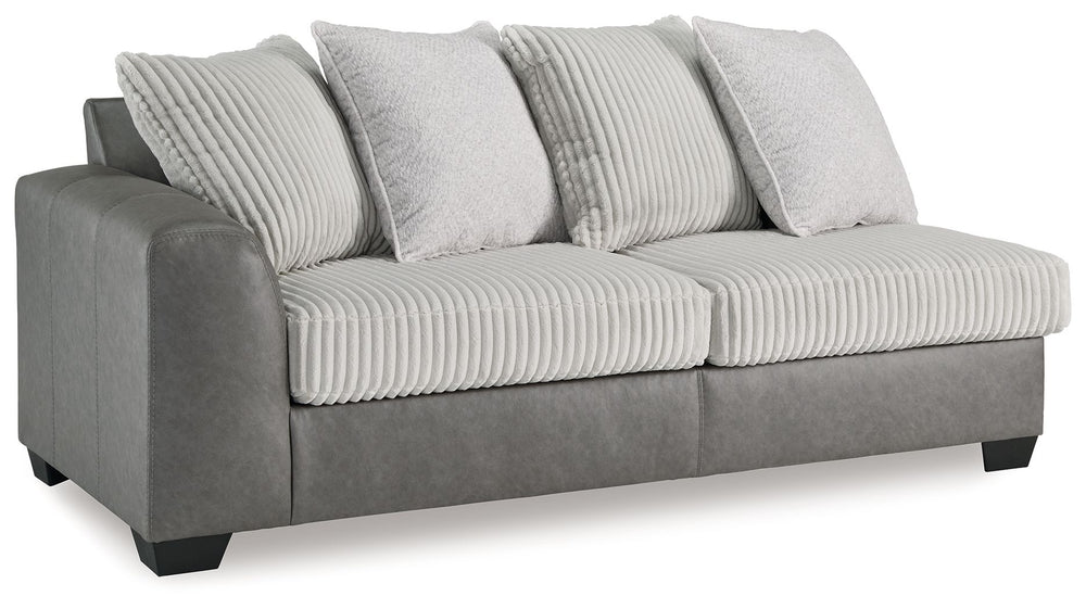 This left-arm facing sofa is made with polyester and faux leather upholstery. Pairs with other items in the series to make a sectional.<br><br><b>Additional Dimensions</b><br><ul><li>Arm height: 27-"</li><li>Seat depth: 20-"</li><li>Seat height: 20-"</li>