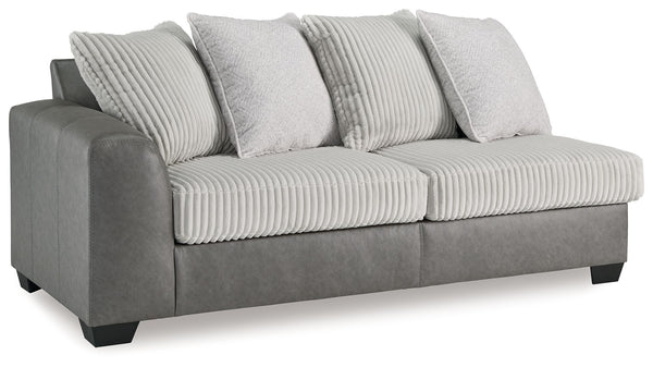 This left-arm facing sofa is made with polyester and faux leather upholstery. Pairs with other items in the series to make a sectional.<br><br><b>Additional Dimensions</b><br><ul><li>Arm height: 27-"</li><li>Seat depth: 20-"</li><li>Seat height: 20-"</li>