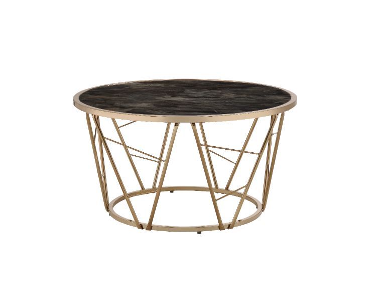 Round Coffee Tableâ€¢Metal Cone Baseâ€¢16mm Metal Tube â€¢Table Top Thickness: 5mmâ€¢Tempered Glass Top<br/><br/><b>Product Features</b><ul><li>Case: 1Pc/1Ctn</li><li>Finish: Faux Black Marble Glass & Champagne Finish</li><li>Style: Contemporary</li><li>M