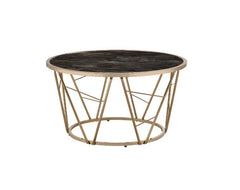 Round Coffee Tableâ€¢Metal Cone Baseâ€¢16mm Metal Tube â€¢Table Top Thickness: 5mmâ€¢Tempered Glass Top<br/><br/><b>Product Features</b><ul><li>Case: 1Pc/1Ctn</li><li>Finish: Faux Black Marble Glass & Champagne Finish</li><li>Style: Contemporary</li><li>M