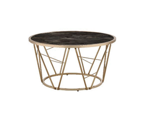 Round Coffee Tableâ€¢Metal Cone Baseâ€¢16mm Metal Tube â€¢Table Top Thickness: 5mmâ€¢Tempered Glass Top<br/><br/><b>Product Features</b><ul><li>Case: 1Pc/1Ctn</li><li>Finish: Faux Black Marble Glass & Champagne Finish</li><li>Style: Contemporary</li><li>M