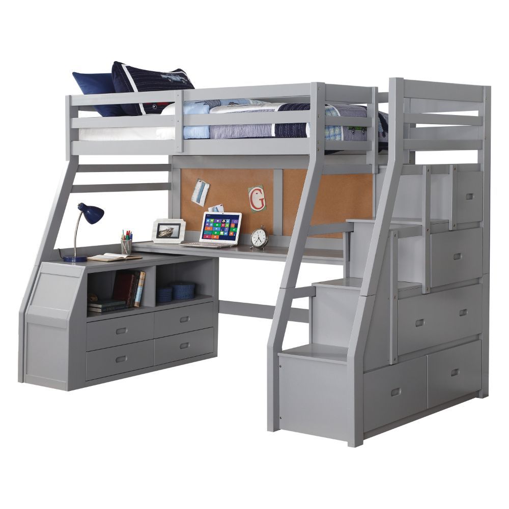 KD, Twin Loft, Storage Ladder, Desk & Chest Slat System Included (14) NOT Convertible (Can-'t separate into two Beds) Full Length Guard-Rail (Top Bed) Includes: RF Storage Ladder with 5 Drawers (Built-In), Storage Chest (4 Drawers & 2 Open Compartments), 