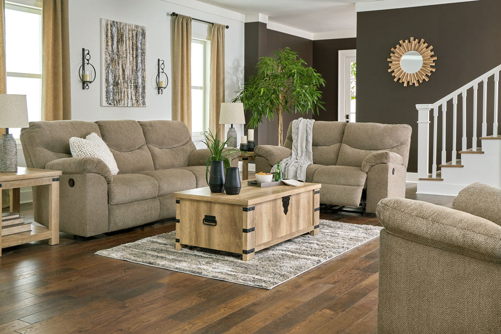 Sincere in its styling, this reclining living room group invites a relaxed sensibility into your space. Its beige upholstery has a universal appeal, with pull-tab reclining making it easy to kick back in comfort. Providing high-quality functionality at an